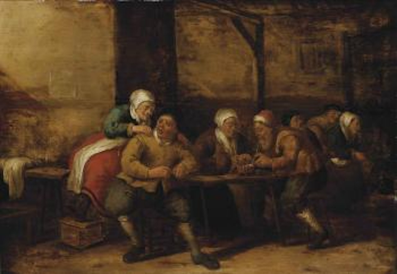A barn interior with figures packing their pipes and sitting around tables by Joost Cornelisz Droochsloot