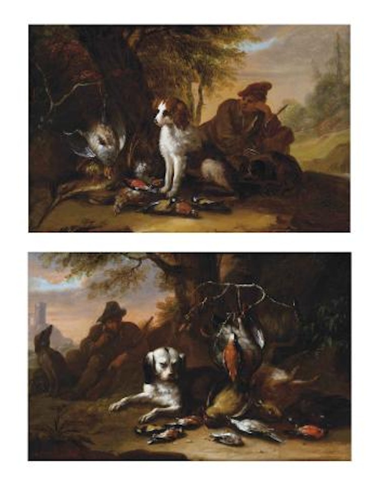 A huntsman at rest with spaniels and game birds in a landscape; and A huntsman at rest with dogs and game birds in a landscape by German School