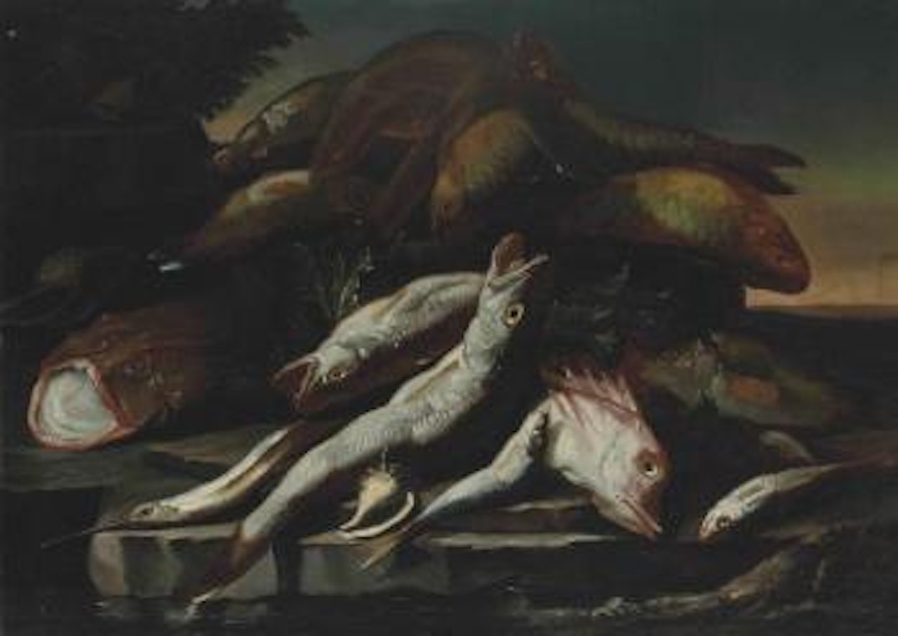A monk fish, a garfish, parrotfish and other fish on a rocky shore by Giuseppe Recco