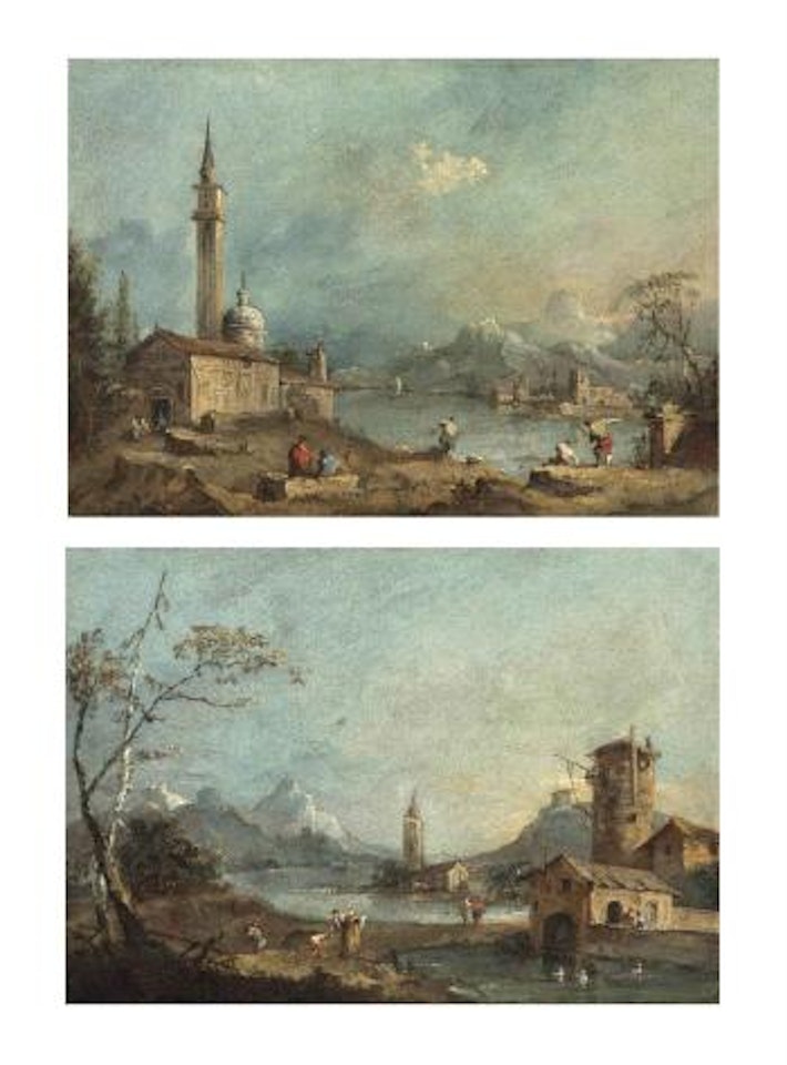 A capriccio with a church by a lake and figures fishing on the shore, mountains beyond; and A capriccio with a tower and buildings by a lake, mountains beyond by Francesco Guardi