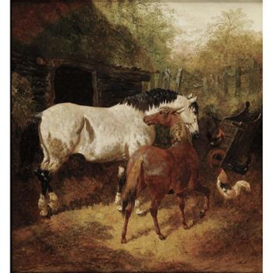 Farmyard scene with horses, roosters, pigs and ducks. Farmyard scene with horses and roosters by John Frederick Herring