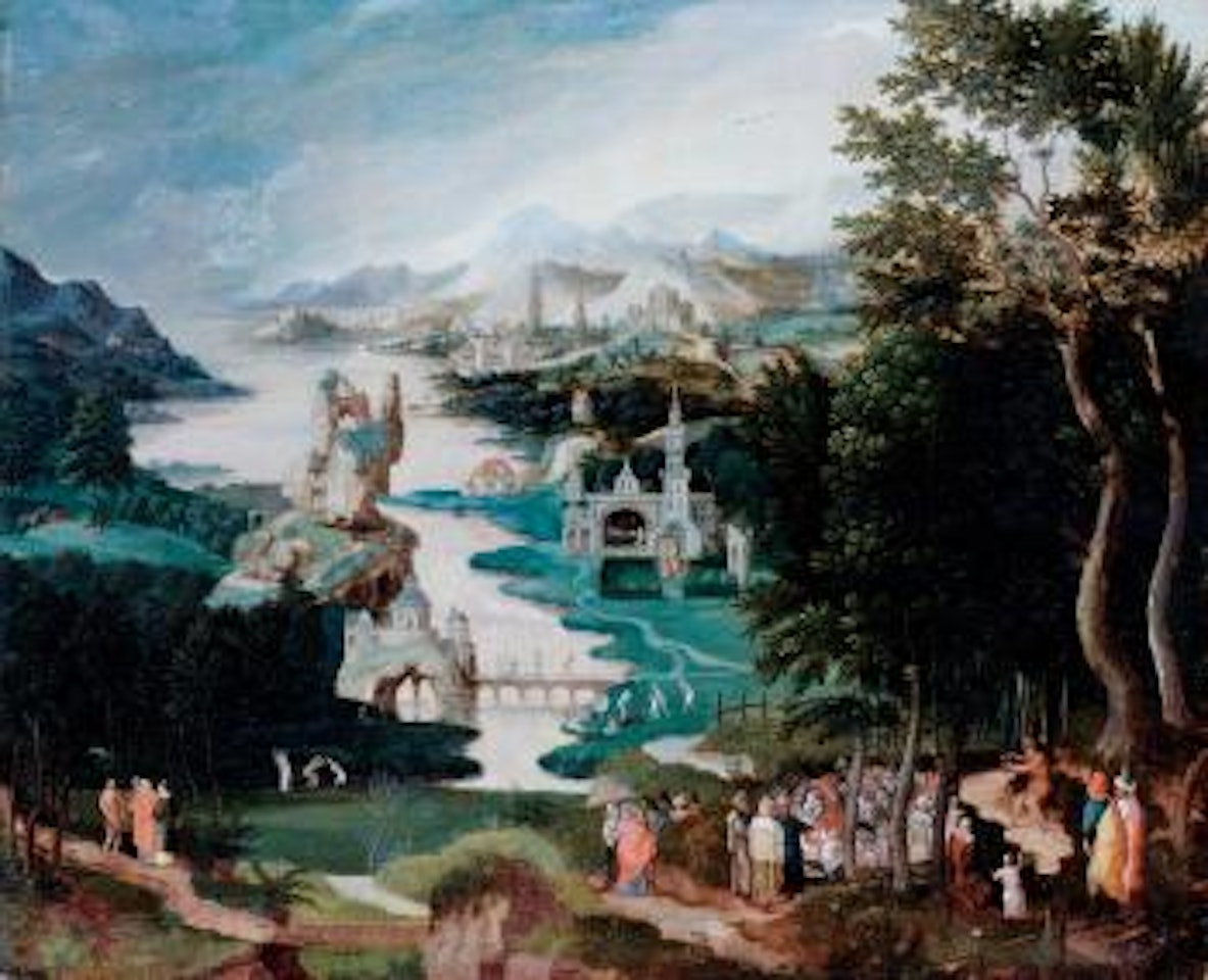 Weite Überschaulandschaft mit Episoden aus dem Leben Johannes des Täufers by Herri met de Bles