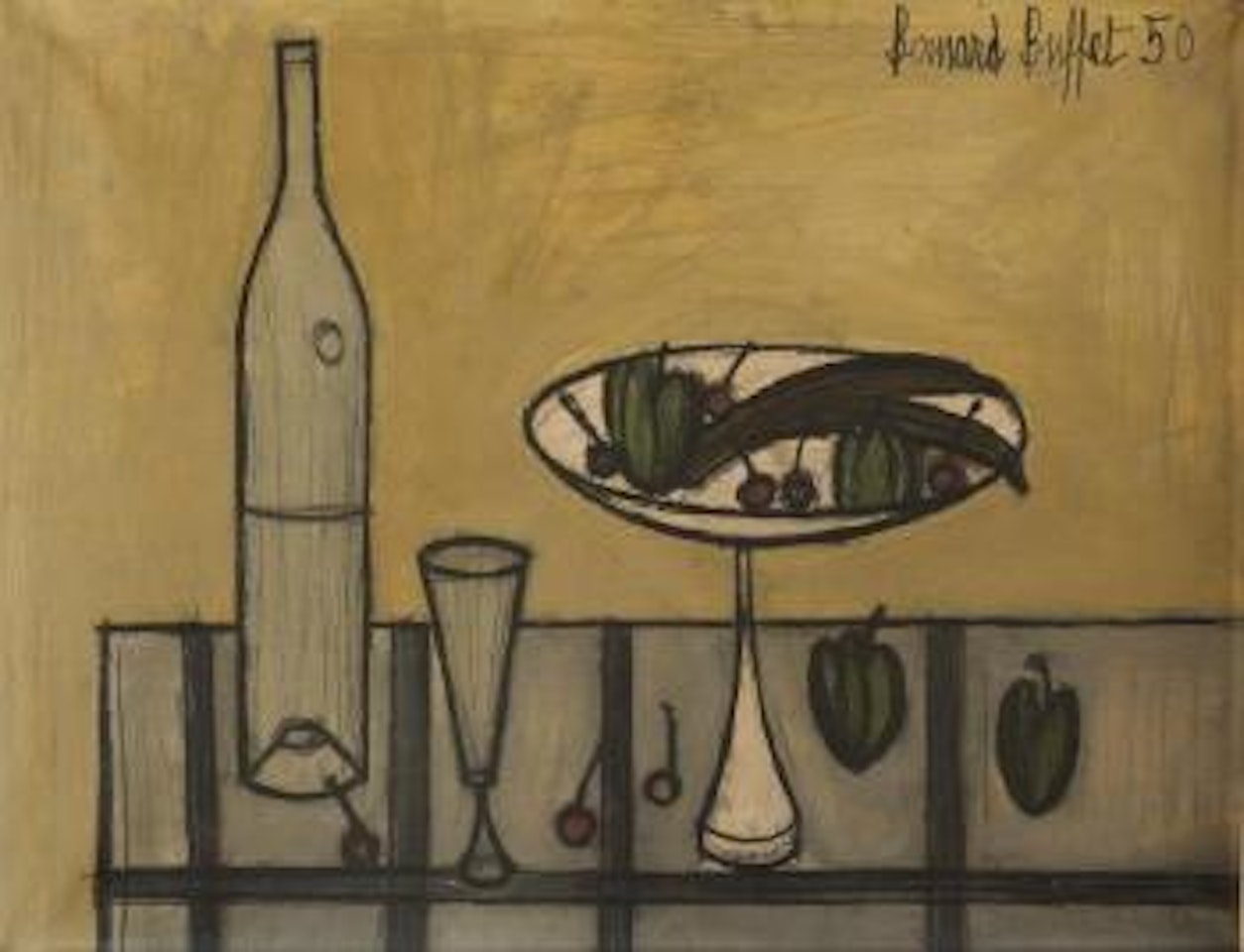 Nature morte à la bouteille et coupe de fruits by Bernard Buffet