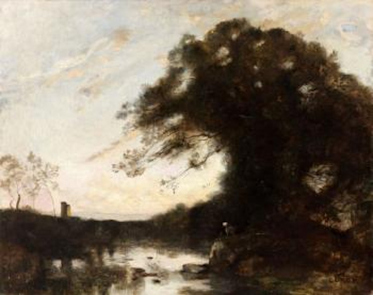 La chèvre au pied des grands arbres (soleil couchant) by Jean Baptiste Camille Corot