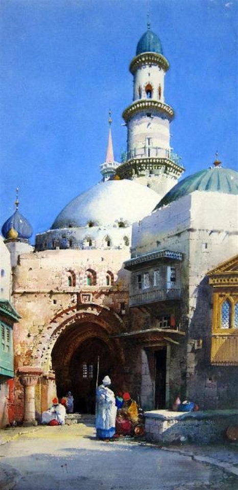 North African scene with figures and mosque by Noel Harry Leaver