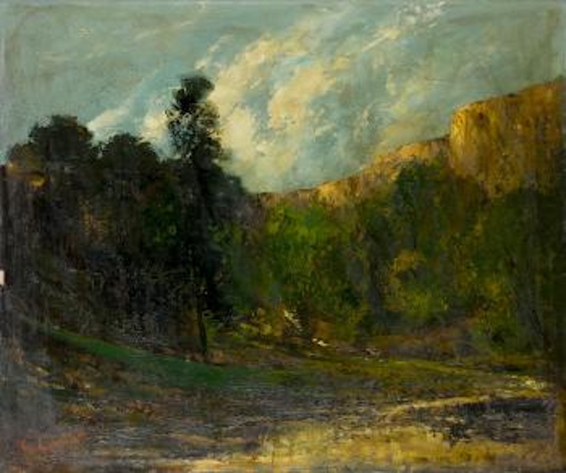 Kurvige Sandstrasse im Jura mit einem Wasserfall und einer Quelle im Hintergrund by Gustave Courbet