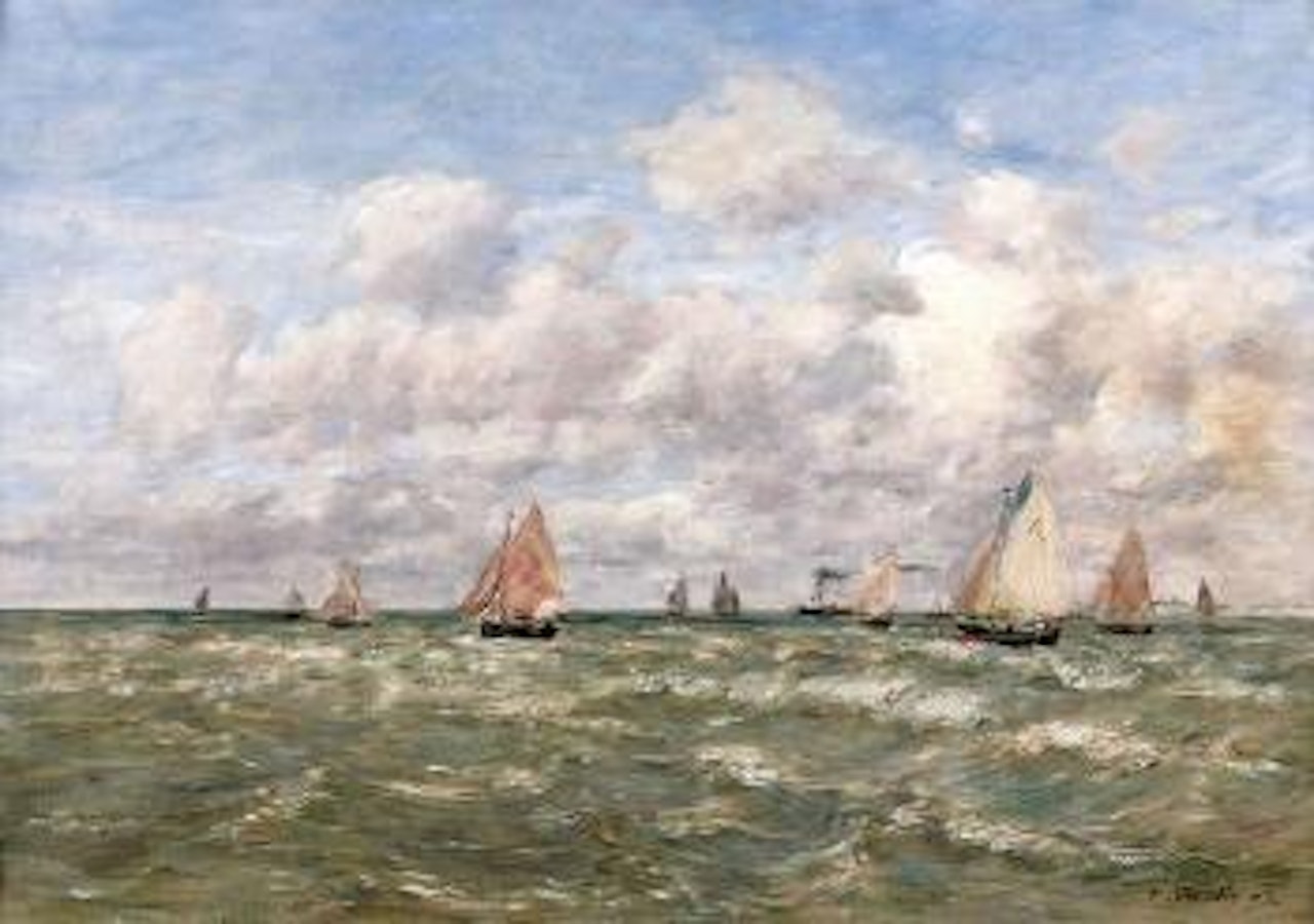Sortie des barques du port de Trouville by Eugène Boudin