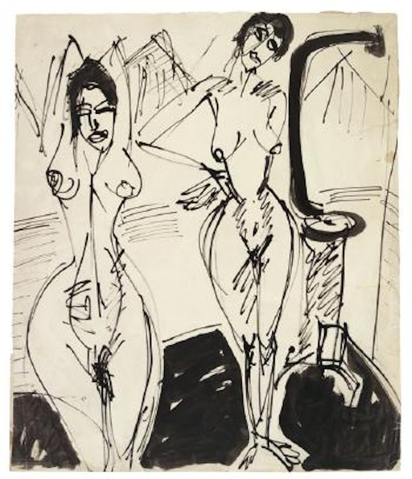 Nackte Frauen am Ofen - Zwei nackte Frauen im Atelier by Ernst Ludwig Kirchner