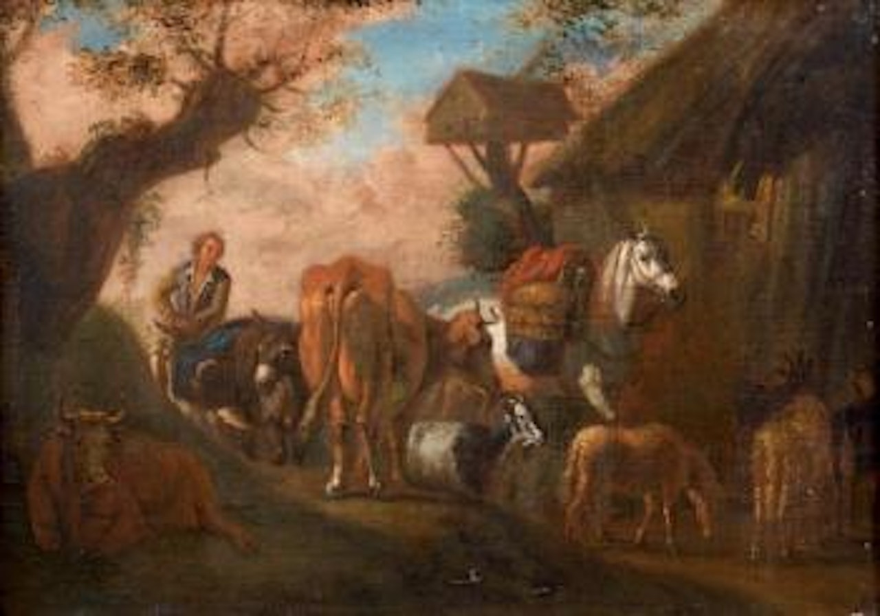 Troupeau à l'entrée d'un village by Pieter van Bloemen