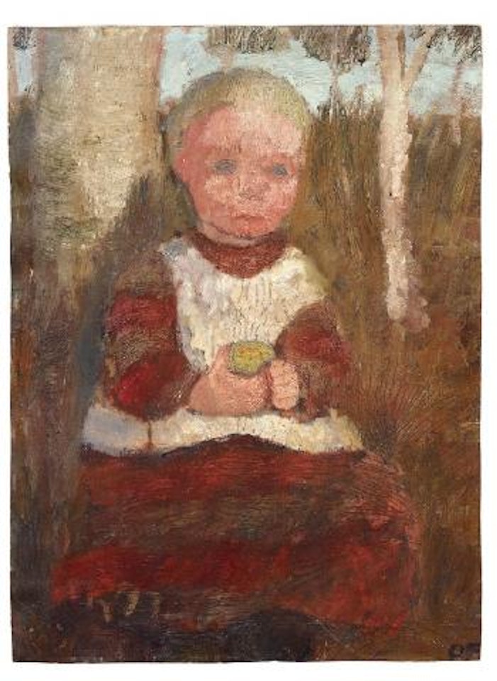 Sitzendes Kind An Einer Birke: Kind Mit Frucht (Child Sitting Next To Birch Tree: Child With Fruit). Verso: Bauernmädchen Am Hang Vor Wolkigem Himmel (Peasant Girl On Hillside Against Cloudy Sky) by Paula Modersohn-Becker
