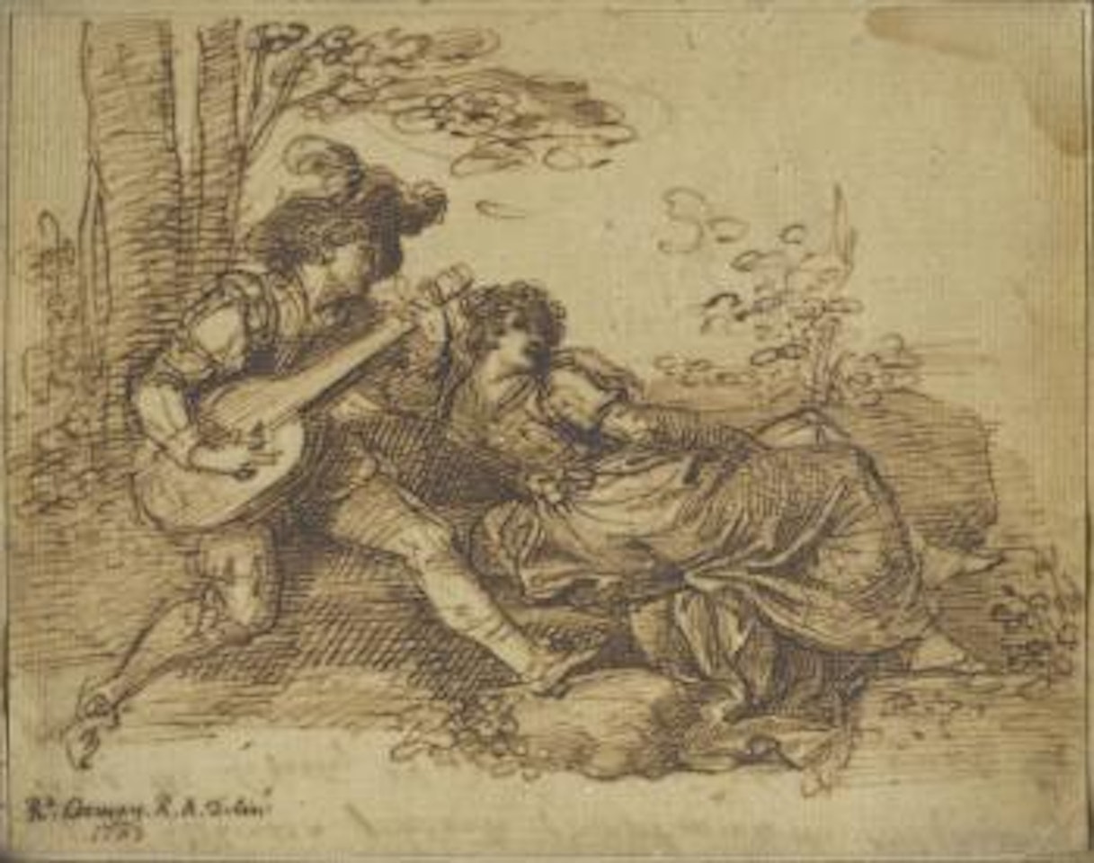 A self-portrait of the artist with his wife Maria, both seated in a woodland glade; he, playing a lute and wearing doublet and hose, his hat dressed with ostrich feathers by Richard Cosway