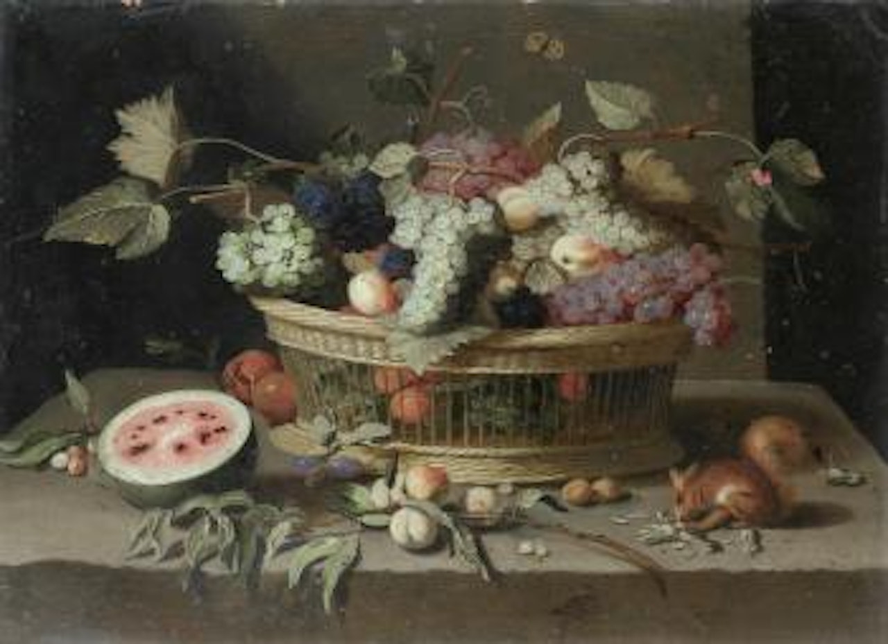 A basket of grapes, plums and peaches, with a melon and a squirrel eating nuts on a stone ledge; and A  wan-li kraak bowl filled with tulips, roses, narcissi and other flowers, with a parrot on a stone ledge by Jan Van Kessel The Elder