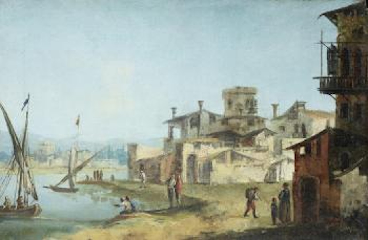 A  capriccio with peasants resting before buildings, the Venetian lagoon beyond; and A capriccio of the Venetian lagoon with peasants conversing and resting on a shore by Michele Marieschi