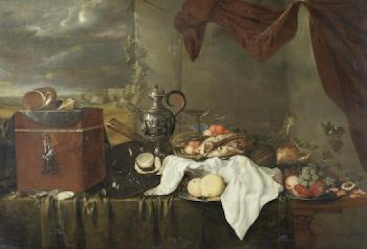A still life of shells on a velvet covered box, beside oysters, a silver ewer, glasses, bottles, white cloth and silver dishes of meat and fruit on a table draped with a green cloth, beneath a mauve curtain, a view of a coastal landscape beyond by Jan Davidsz de Heem