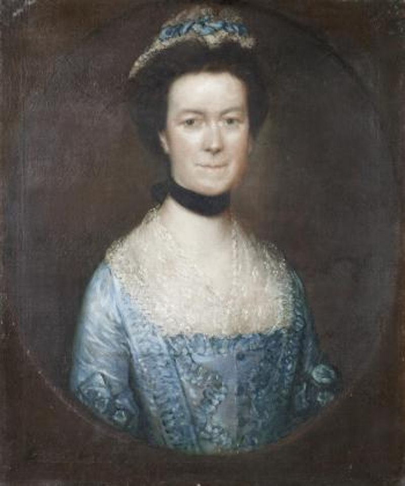 Portrait of Catherine Warneford, neé Claverley, of Warneford Place, half-length, in and blue silk dress, and a lace finchu, within a painted oval by Thomas Gainsborough
