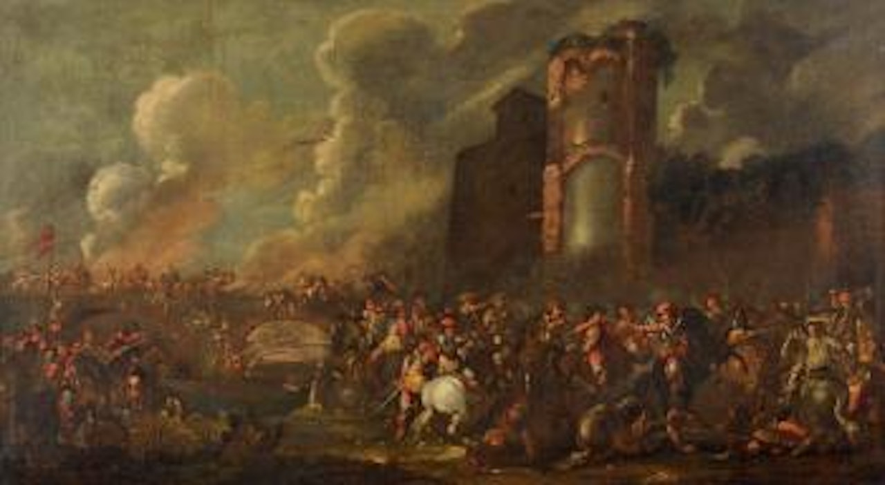Choc de cavalerie près d'une tour en ruine by Cornelis de Wael