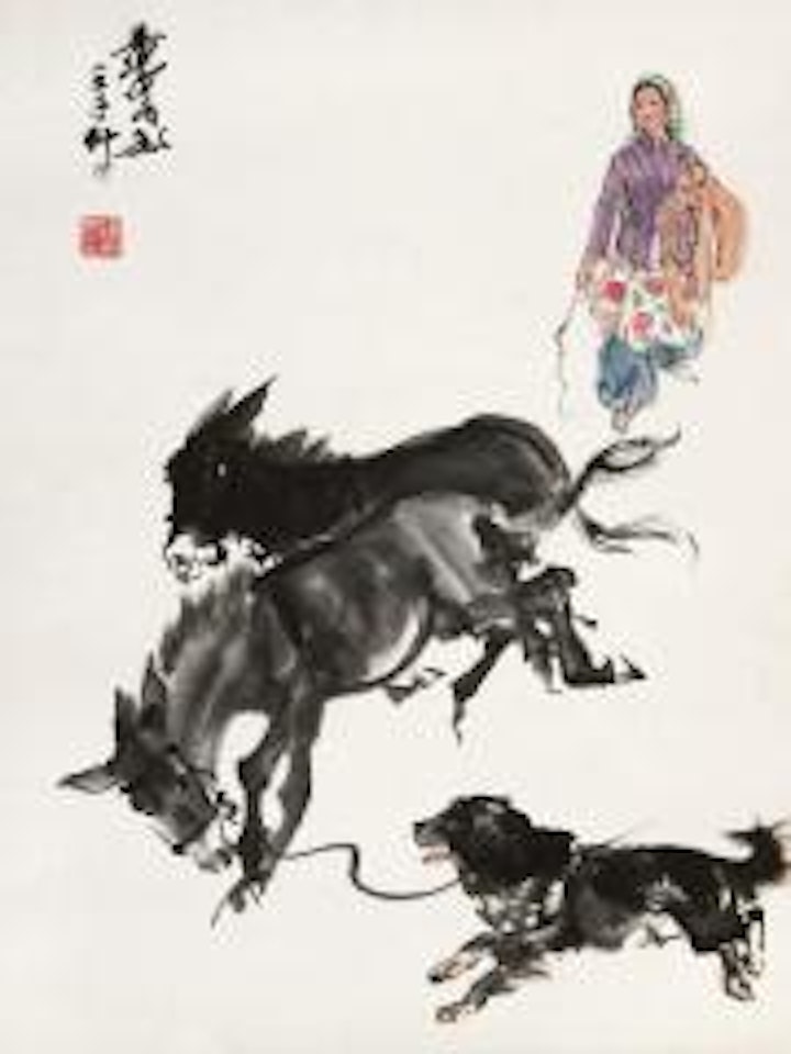 Girl and donkeys by Huang Zhou