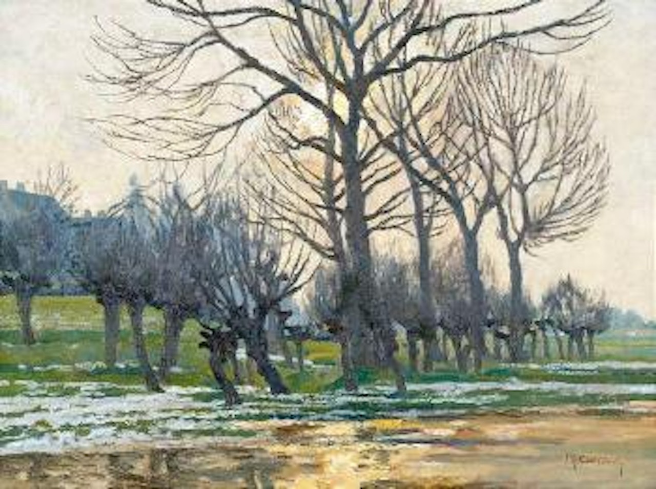 Ansicht der Rheinwiesen bei Wittlaer mit dem Schwarzbach bei Hochwasser by Max Clarenbach