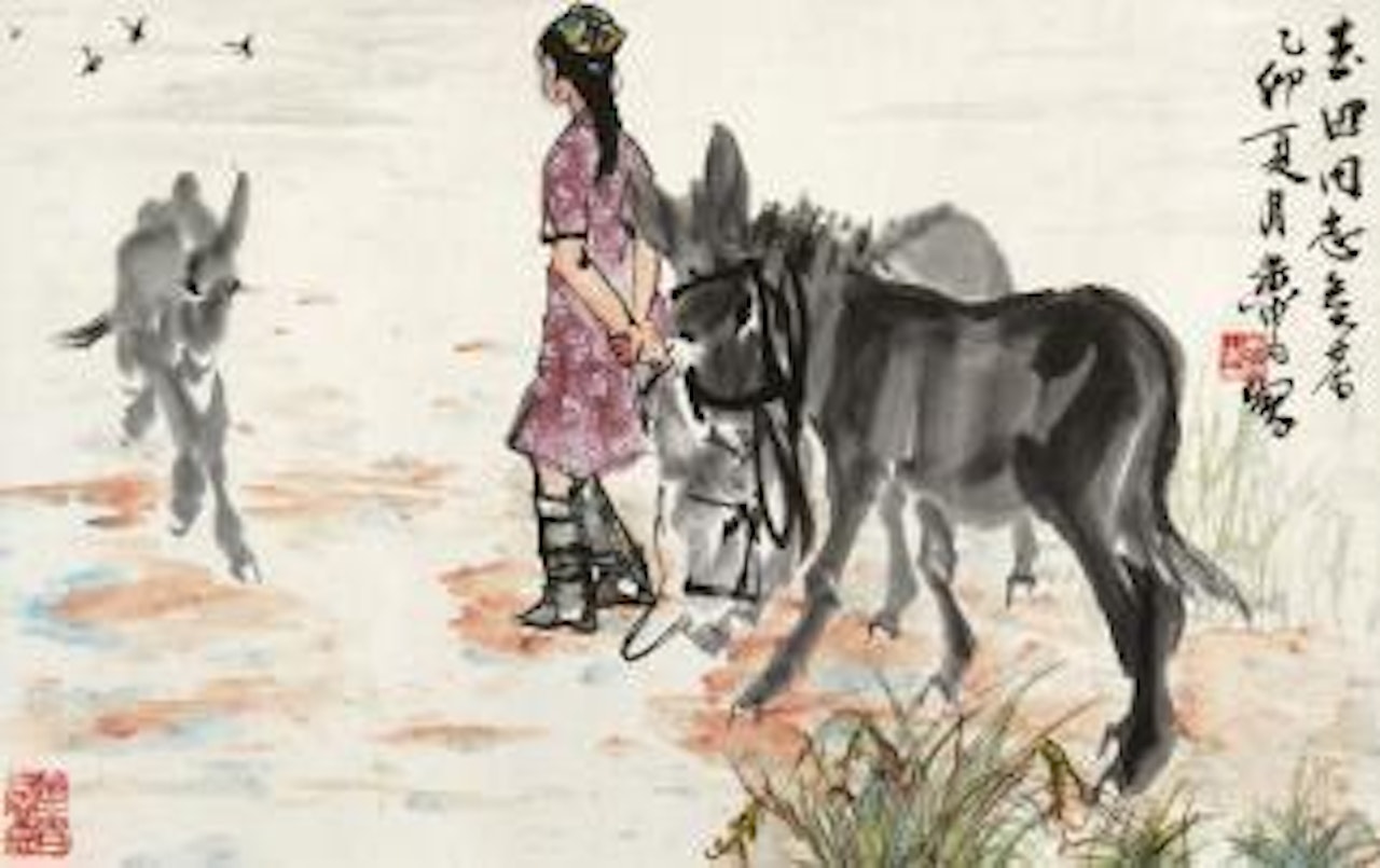 Girl and donkeys by Huang Zhou