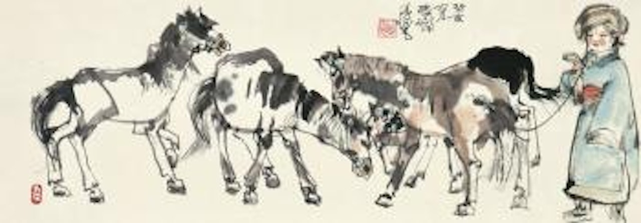 Girl And Horses by Cheng Shifa