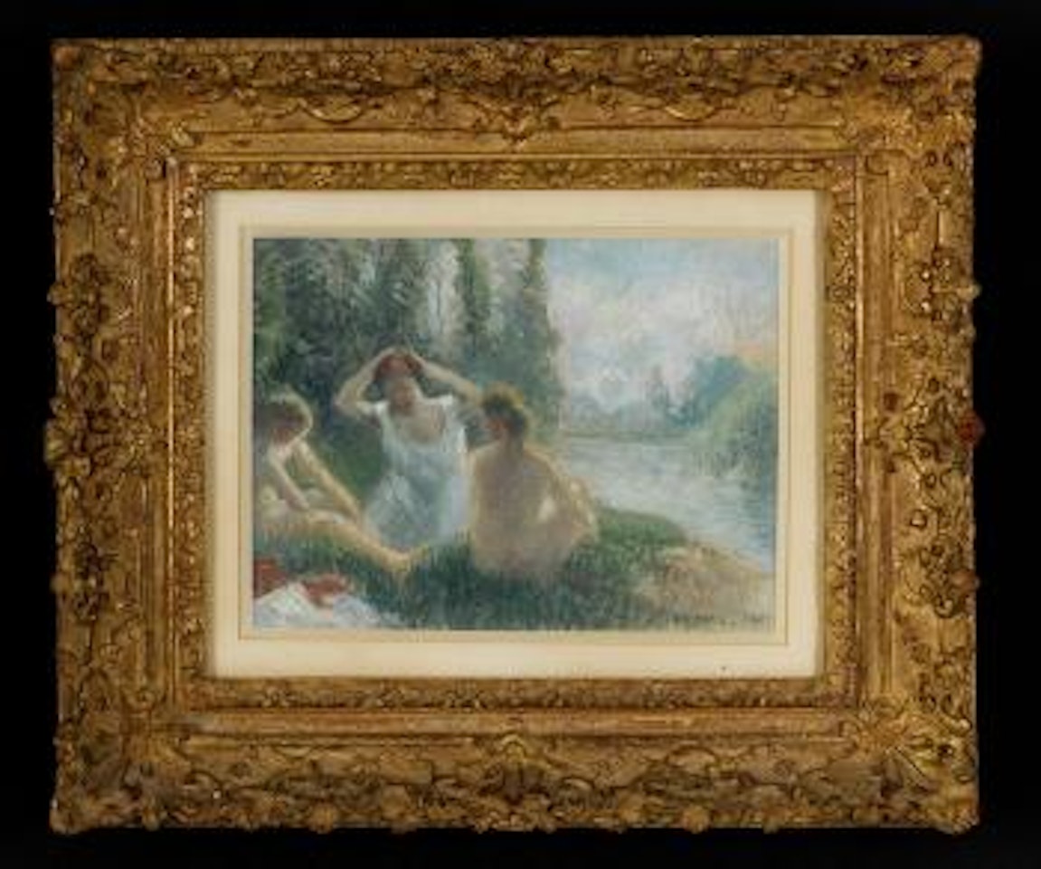 Baigneuses assises au bord d’une rivière by Camille Pissarro