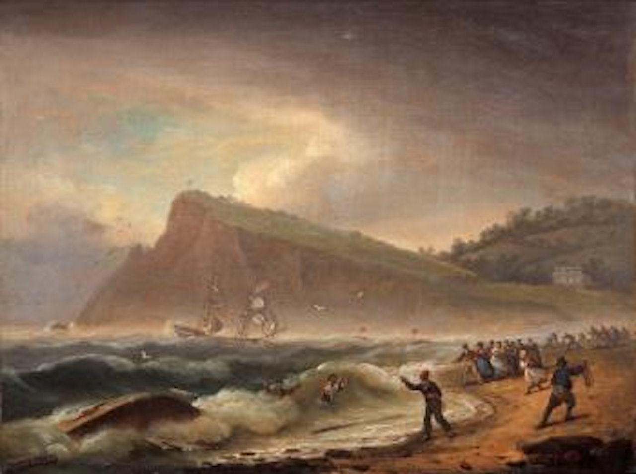A two masted driven into the beach at Ness Point, Devon by Thomas Luny