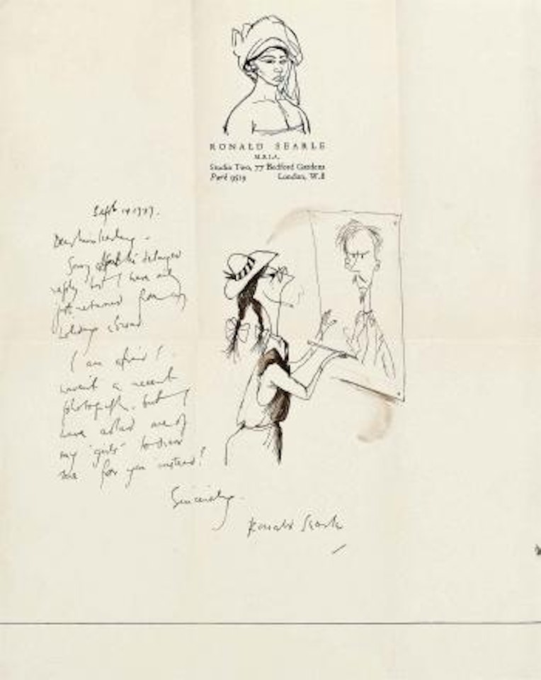 A letter to Miss Kerley from Ronald Searle with a schoolgirl from St. Trinian's drawing a portrait of him by Ronald Searle