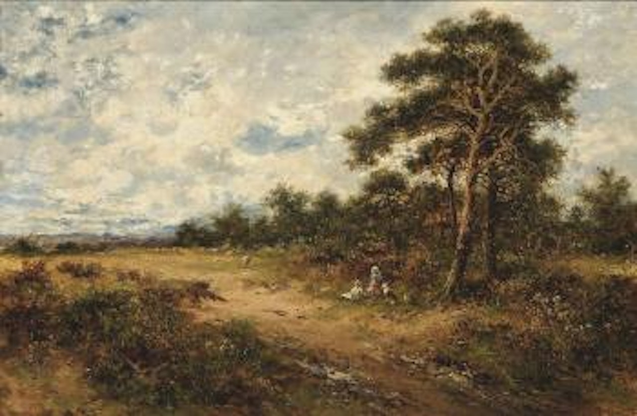 A mother and child with their dog picnicking on the edge of a heath by Benjamin Williams Leader