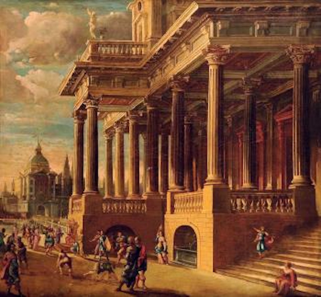 Personnages jouant devant un palais antique by Viviano Codazzi