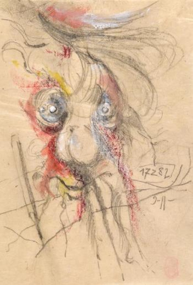 Surrealistische Darstellung mit Gesicht und Frauenakt by Horst Janssen