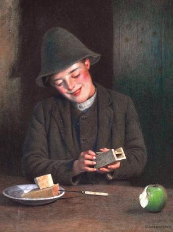 Two bites, an interior with a young boy loading a mousetrap by Charles Spencelayh