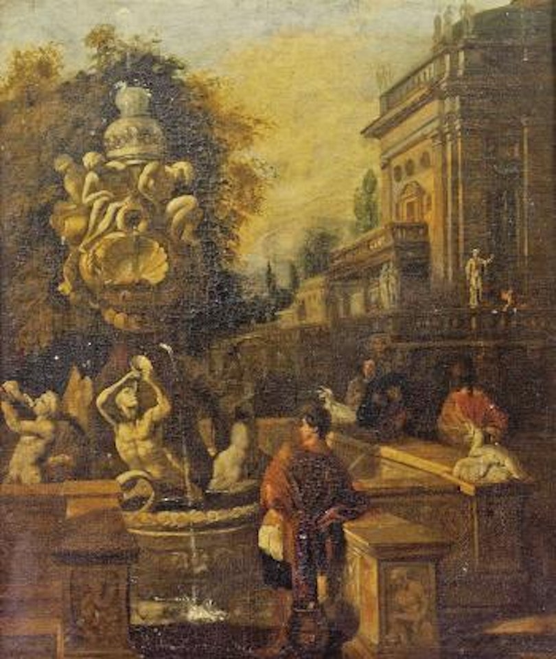 A classical fountain in a courtyard with elegant company by Italian School