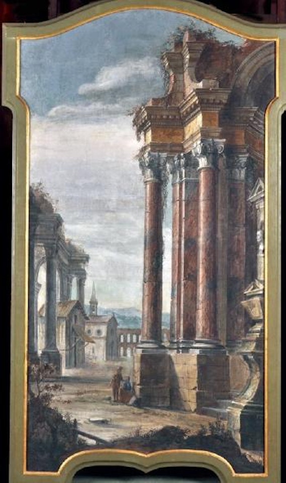 A Capriccio landscape, with figures in the foreground by Italian School