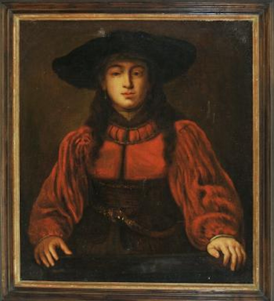 Junge Damen im roten Kleid mit großem Hut by Jurgen Ovens by Attributed to Rembrandt Harmensz van Rijn