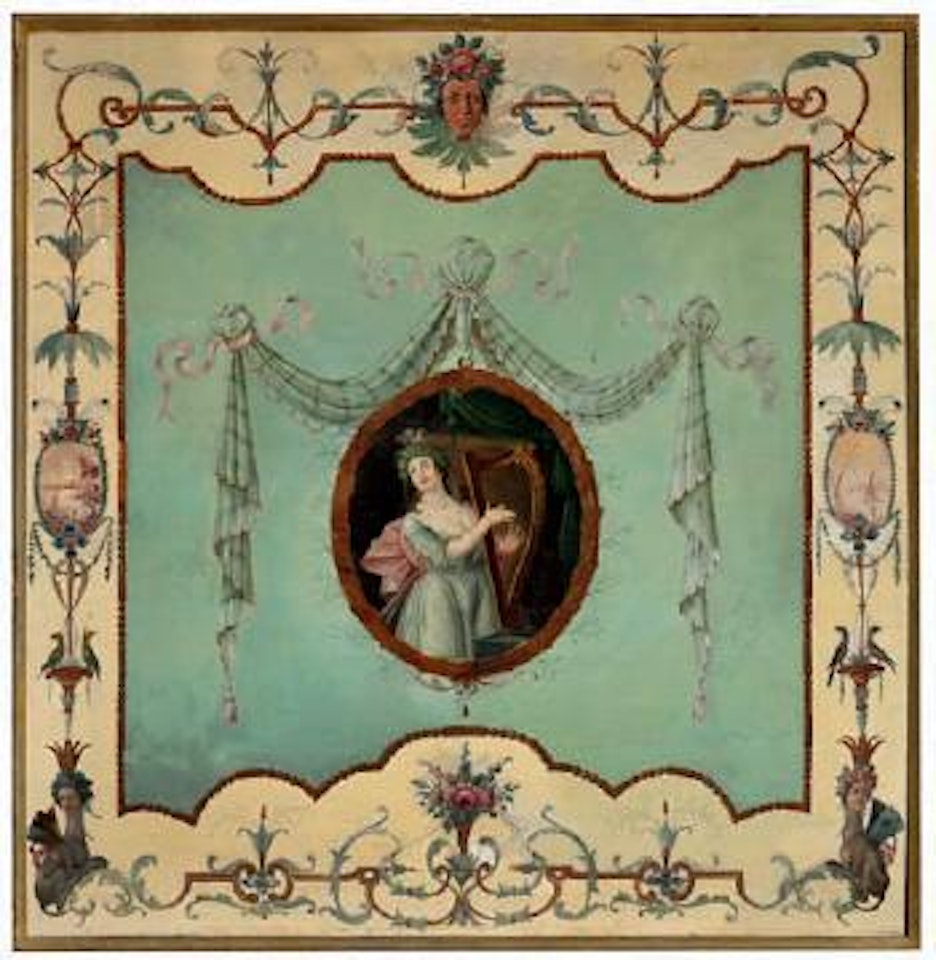 Young women in medallions surrounded by branches and borders with cherub heads decorated with flowers, landscapes, birds and sphinxes by French School