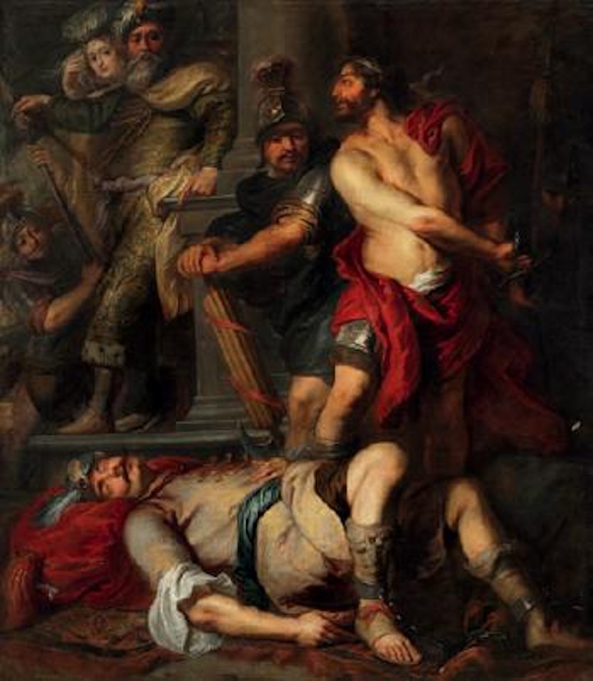 Scene from the Roman Antiquity with a lictor and a man drawing his sword by Erasmus Quellinus II