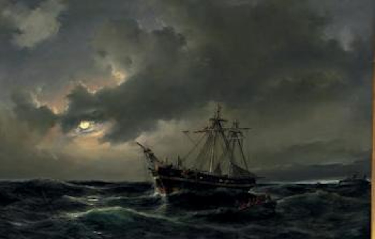 Night time at sea with sailors being rescued from a sinking ship in moonlight by Anton Melbye