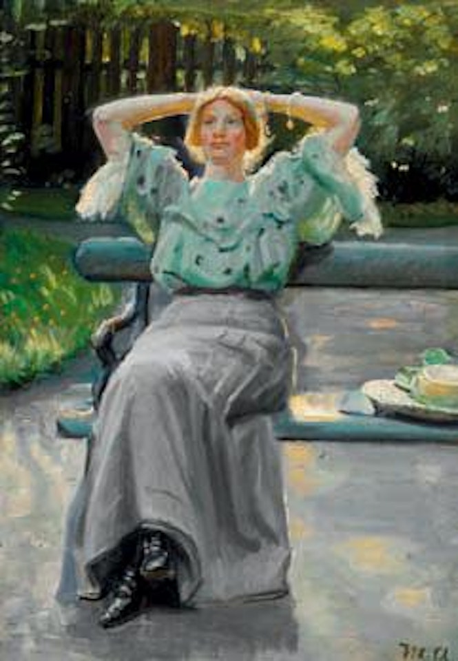 Helga Ancher on a bench in the garden on a summer evening by Michael Ancher