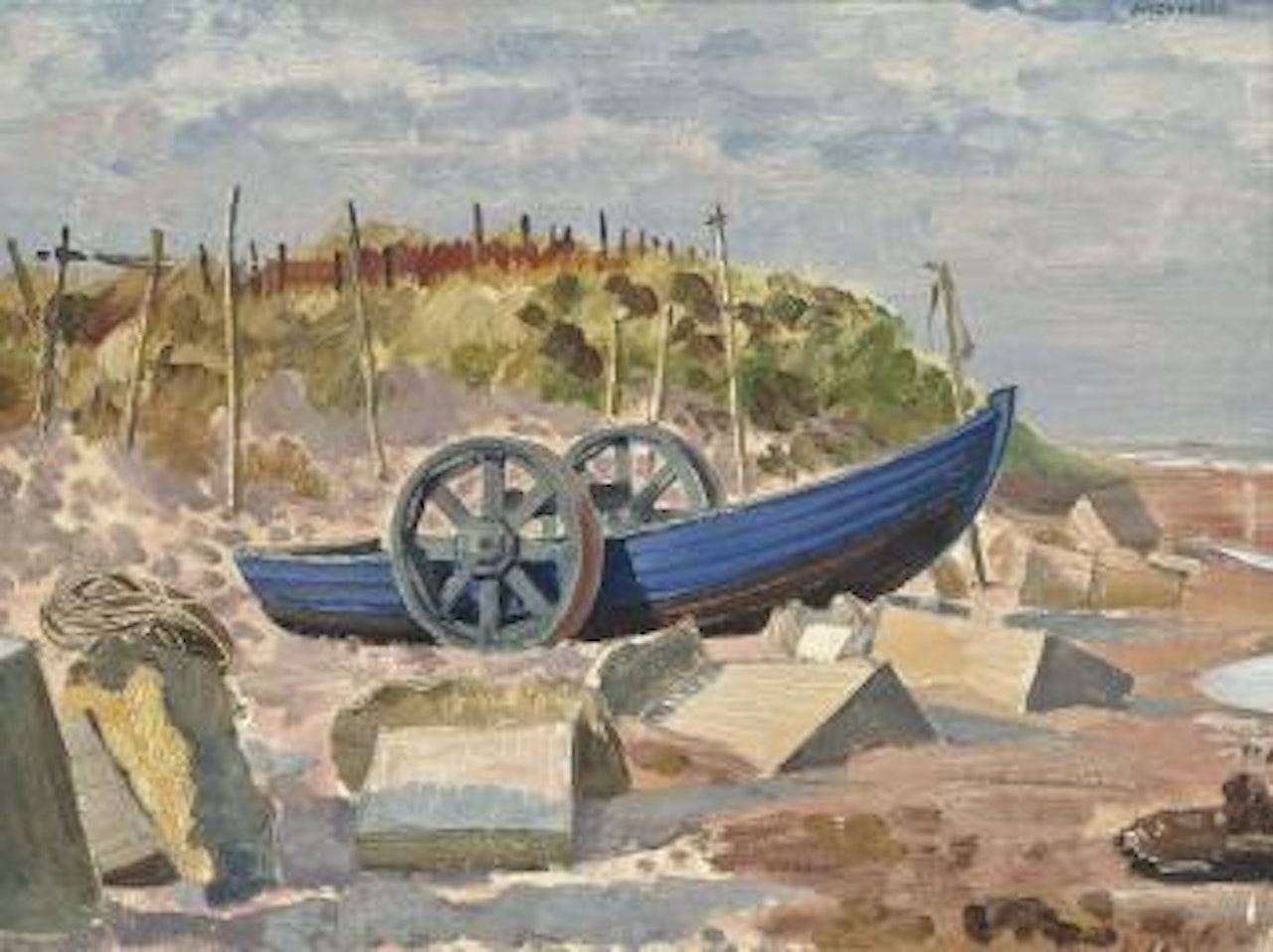 The Blue Fishing Boat, Murcar, Aberdeen by Alberto Morrocco