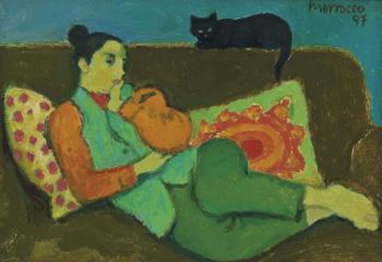 Vera on the sofa with Lola by Alberto Morrocco