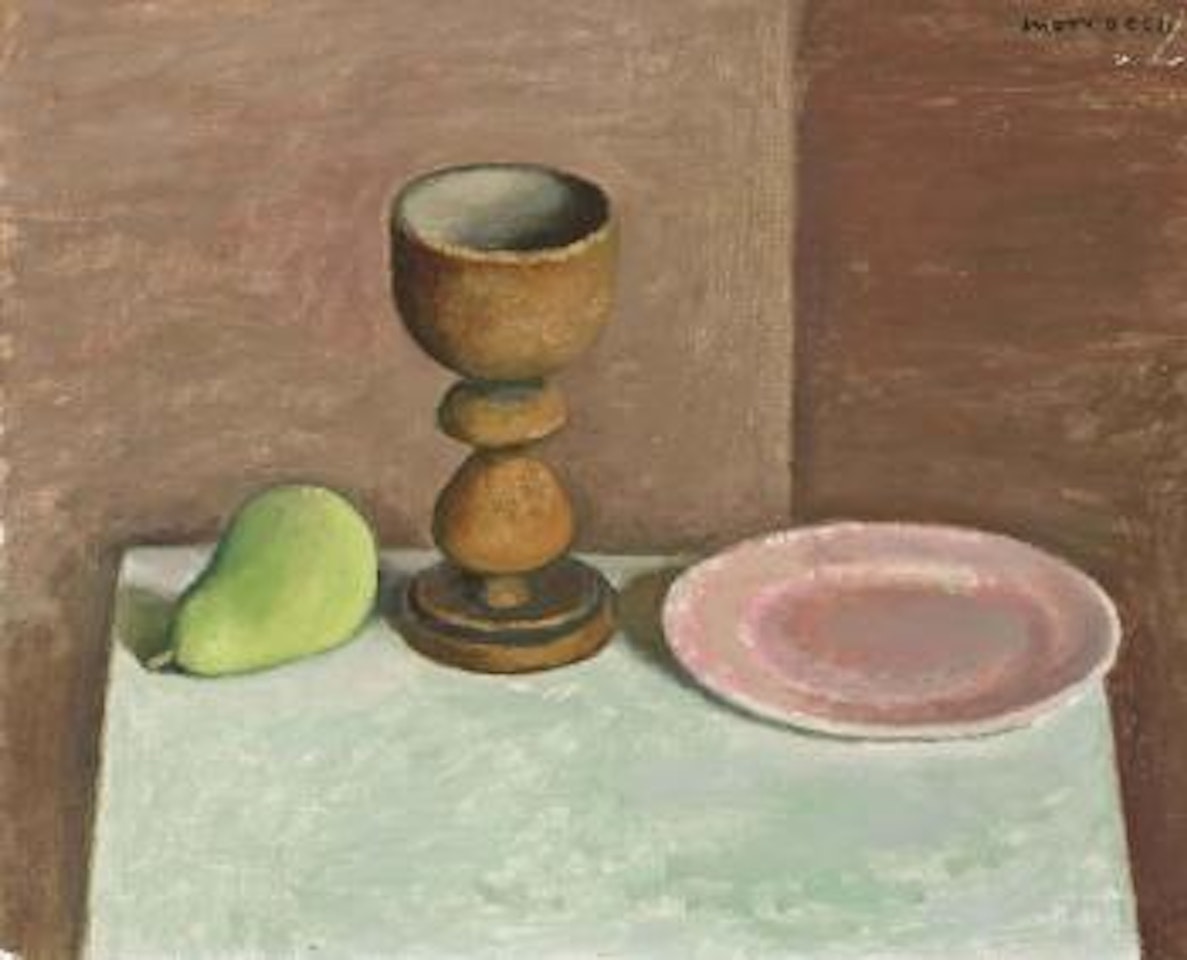 Still Life with Green Pear and Pink Plate by Alberto Morrocco