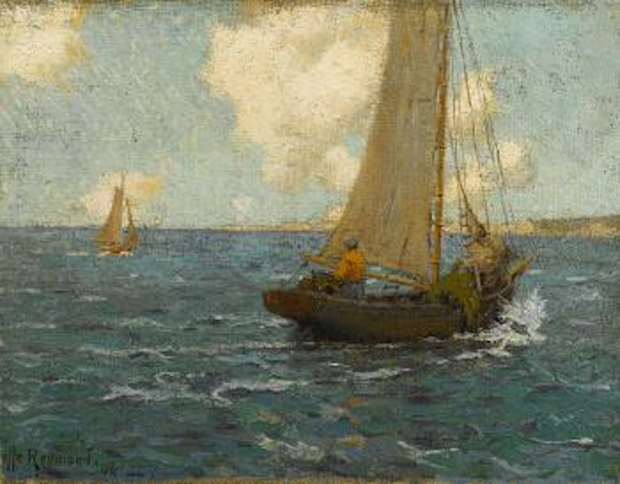 Sailboats on calm seas by Granville Redmond