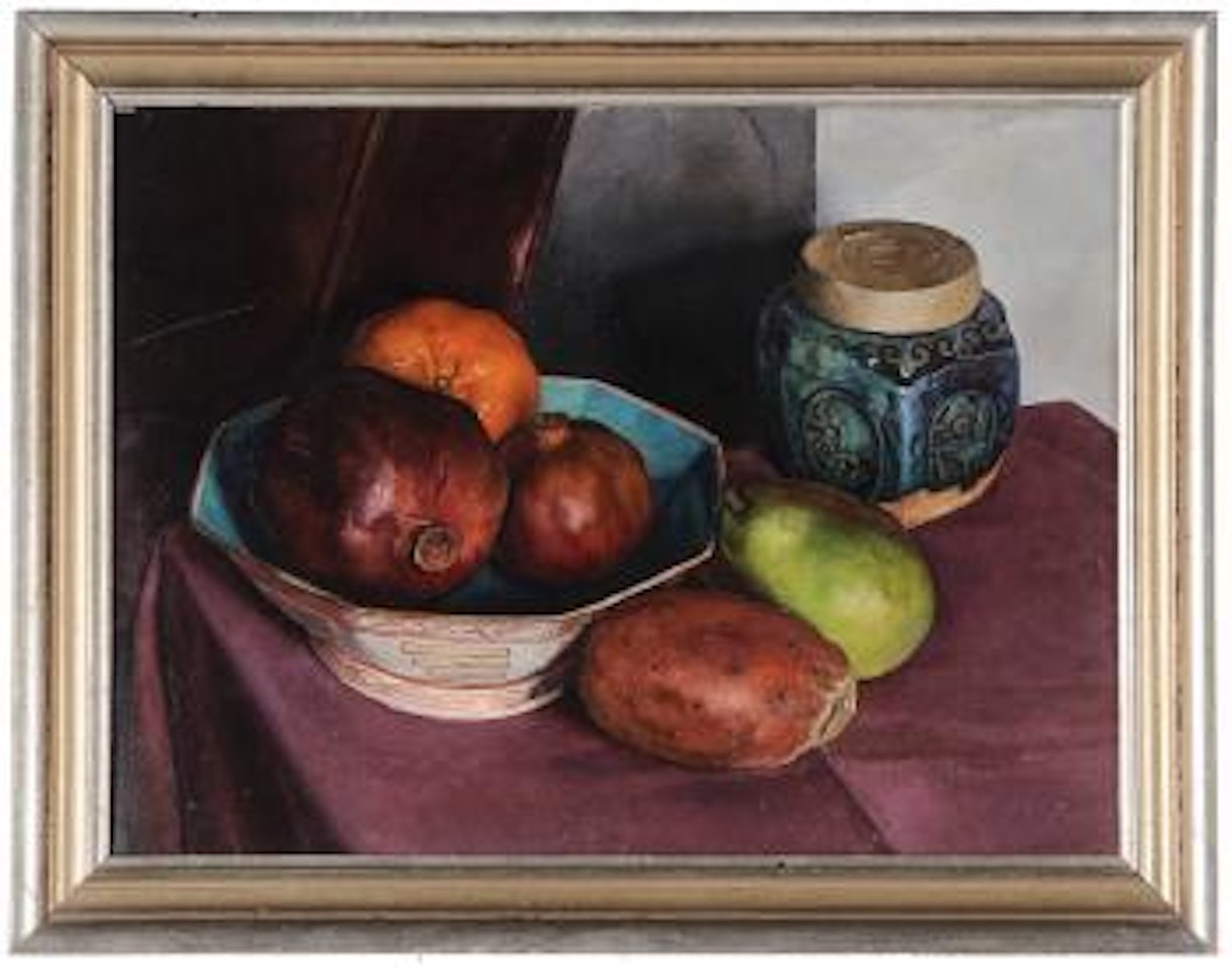 Pear, pear, cactus and pomegranates with Asian ceramics by Luigi Lucioni