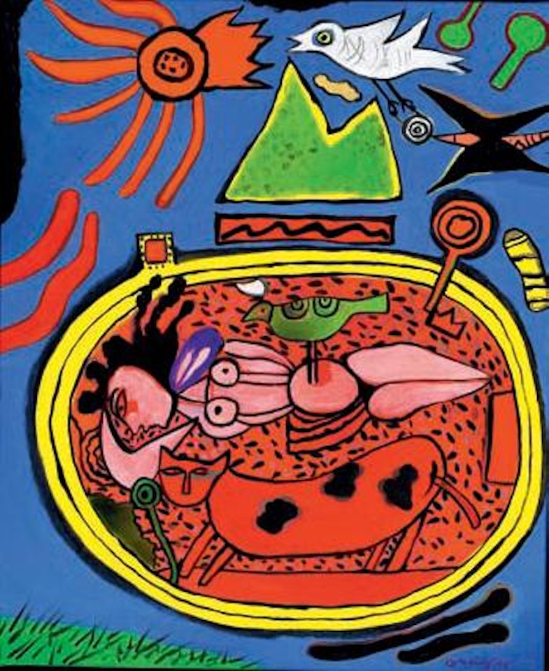 Pregnant woman with green bird by Corneille