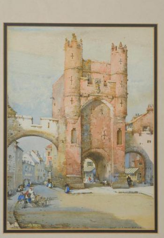Ancient gateway at York, figures in the foreground by Noel Harry Leaver