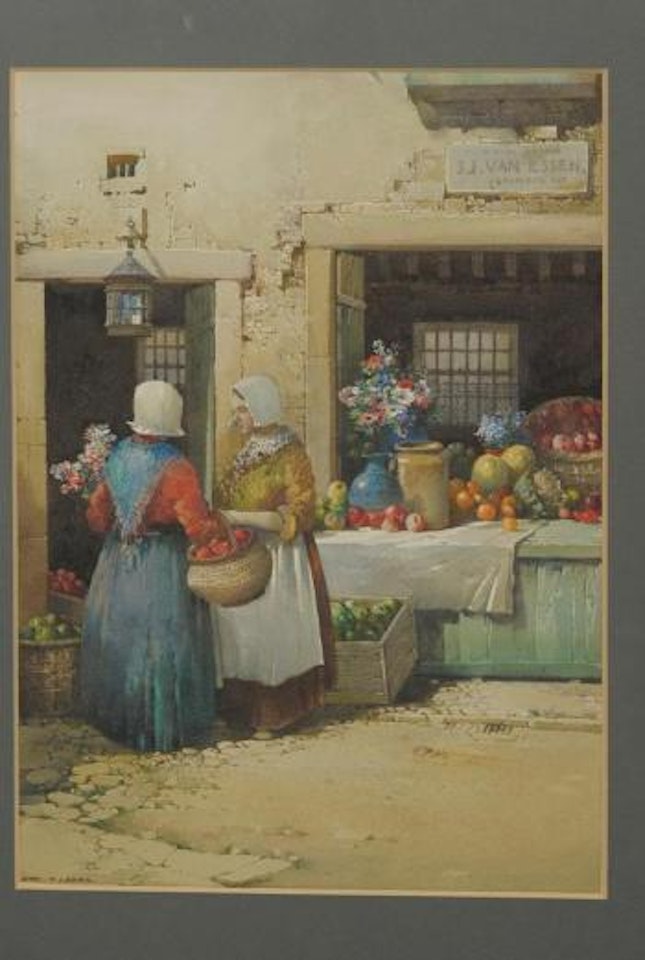 Breton market with two ladies beside a doorway by Noel Harry Leaver