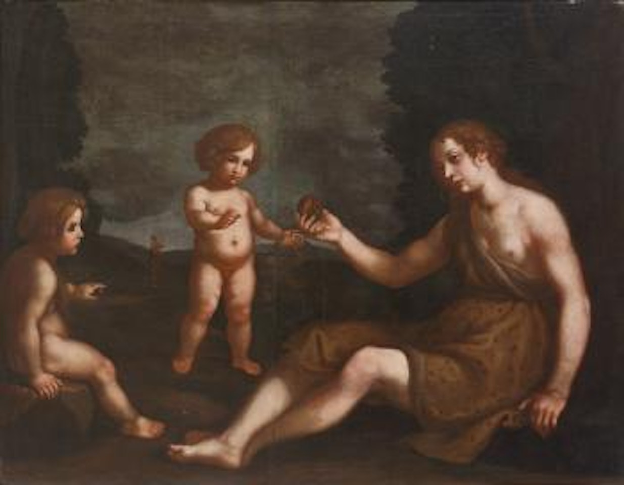Eva und ihre Kinder Kain und Abel, im Hintergrund Adam by Caravaggio