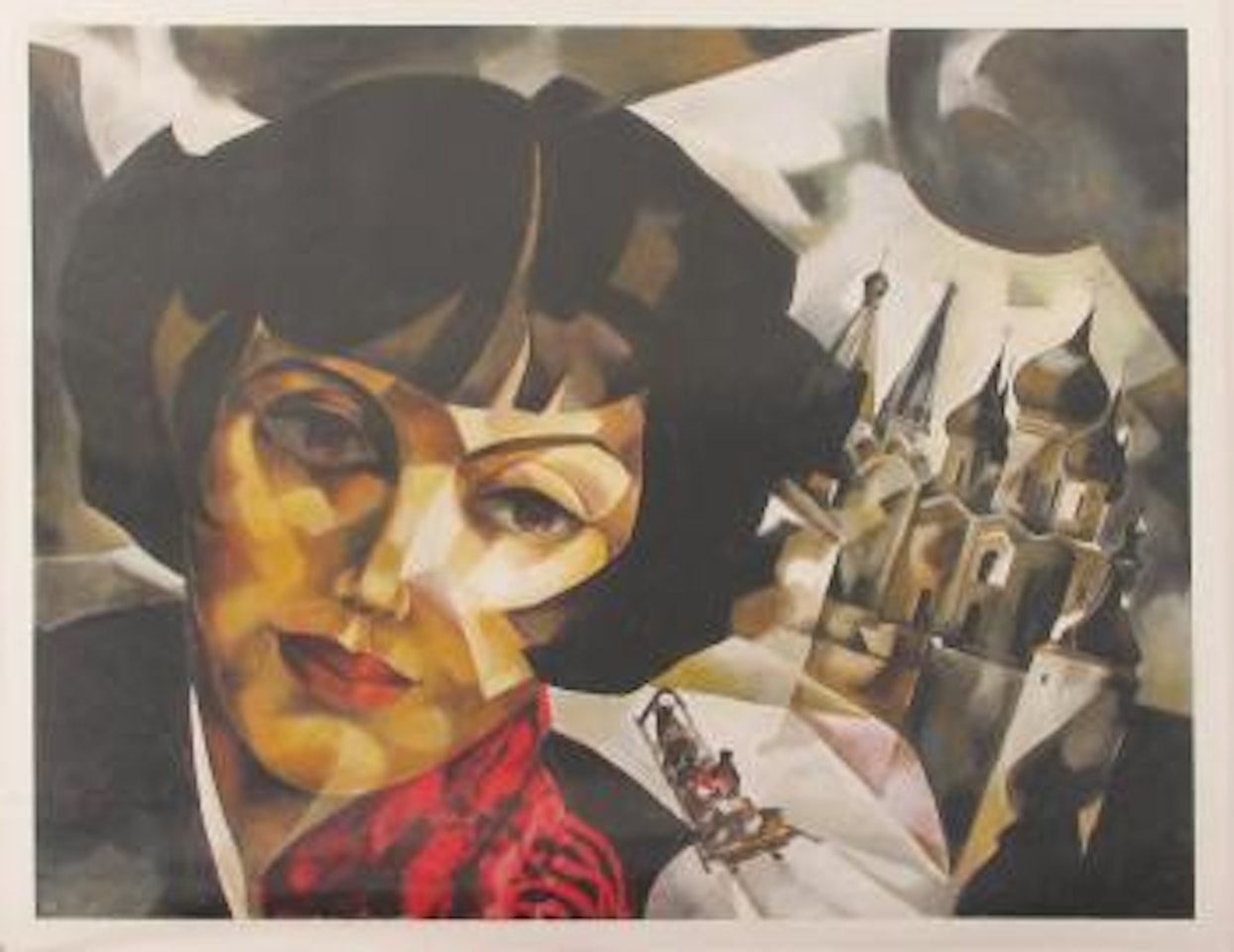 En-face-Porträt einer Dame mit dunklem Pagenkopf vor russischer Landschaft im Stile de Lempickas by Tamara de Lempicka