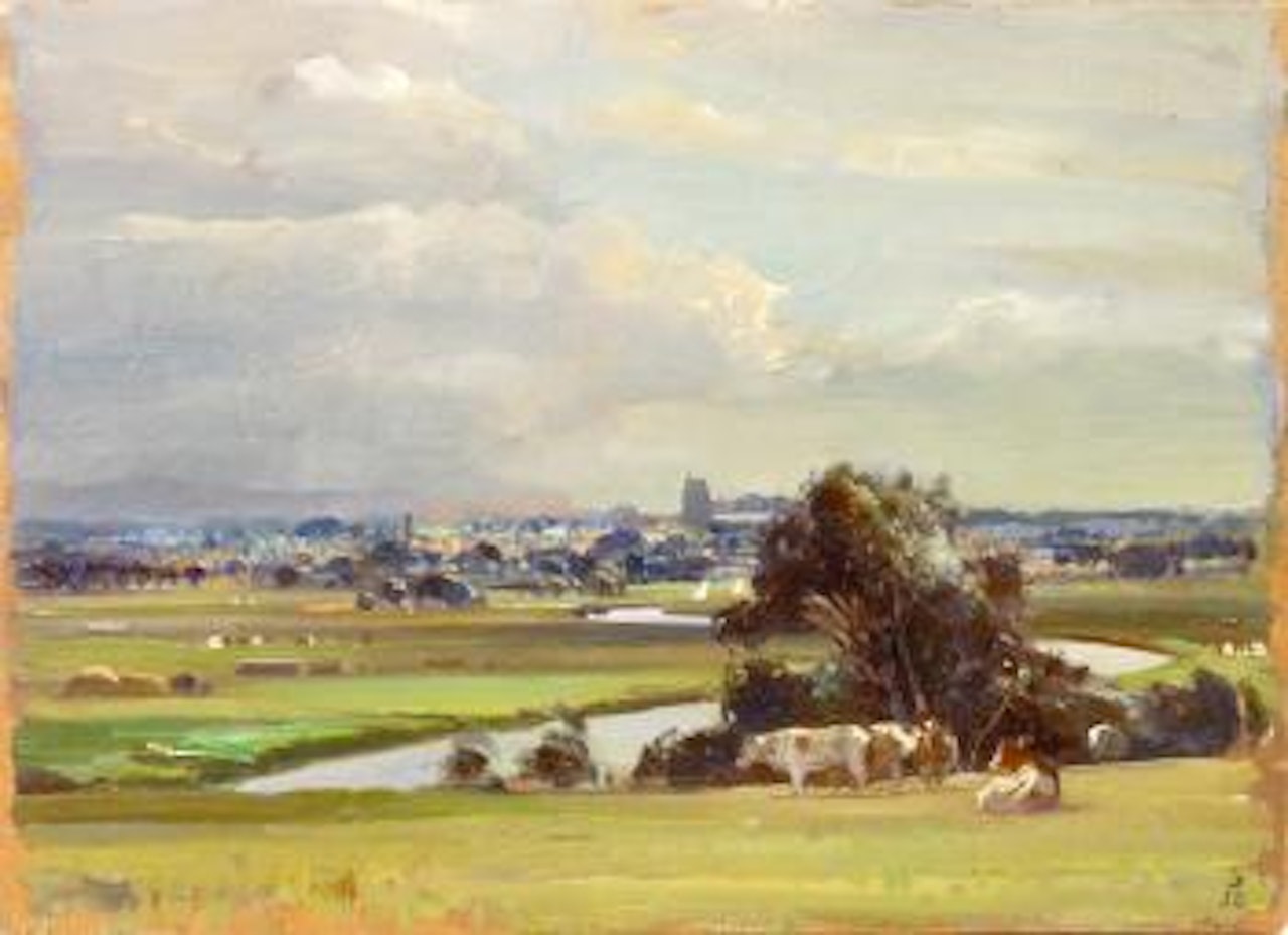 A landscape study, beccles from Boatmans Hill with the Riven Waveney in the foreground by Edward Seago