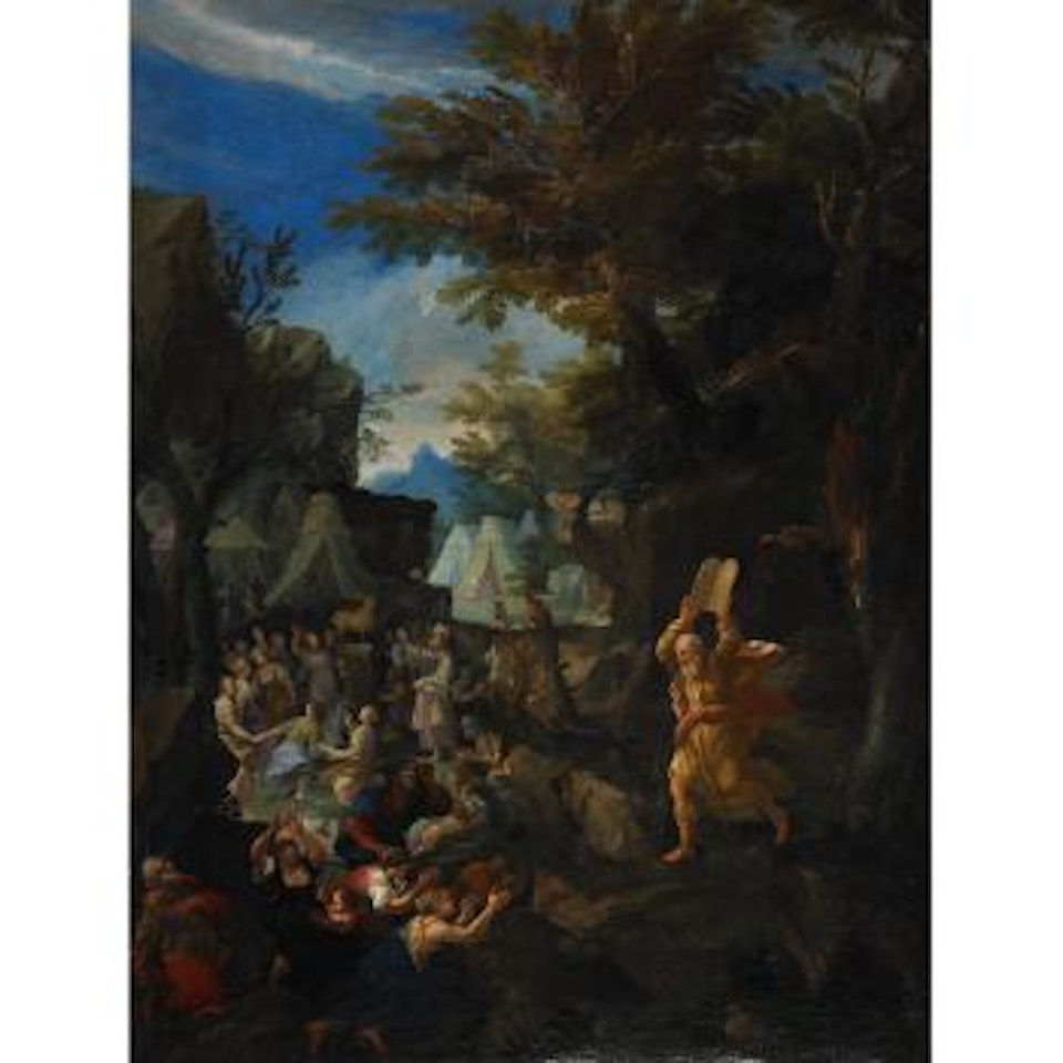 Moses breaks the Tablets of the Law after coming down Mount Sinai finding the Children of Israel worshipping the golden calf and rejoicing in the spring issuing from the rocks at an encampment by Hendrik van Balen by Jan Brueghel the Younger